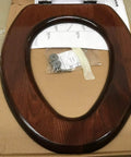 Solid Oak Elongated Toilet Seat with Cover and Polished Chrome Hinges for Vintage Bathrooms Classic Mahogany Finish