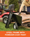 Heavy Duty Steel Tow Behind Dump Cart With 350 Pound Capacity 10 Cubic Feet Bed Removable Tailgate Quick Dump Lever in use