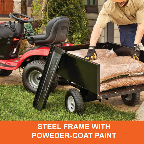 Heavy Duty Steel Tow Behind Dump Cart With 350 Pound Capacity 10 Cubic Feet Bed Removable Tailgate Quick Dump Lever in use