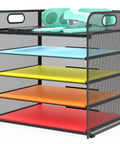 Five Tier Letter Tray Desk Organizer With Handle Metal Mesh Paper Holder And File Organizer For Home Office Or Classroom Durable Black 5 Layer Document Shelf For Papers Mail Contracts And Stationery with colorful folders and office supplies