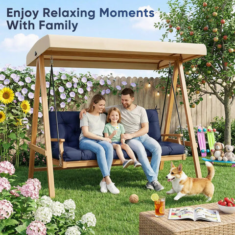 Family sitting on 60 Inch Waterproof Porch Swing Cushions For 2 To 3 Seaters in garden with dog, enjoying outdoor time.