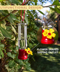 Set Of 6 Mini Hummingbird Feeders With Hanging Wires, Transparent Outdoor Hummingbird Feeder Set With Flower Shaped Sipping Outlet, Includes 3 Cleaning Brushes For Easy Cleaning On Patio, Lawn, Garden And Backyard, hanging on a tree branch showing flower-shaped sipping outlet close-up.
