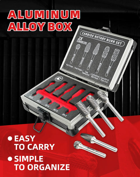 EZARC tungsten carbide burr set in aluminum storage box; five 1/4" shank double-cut rotary tool bits