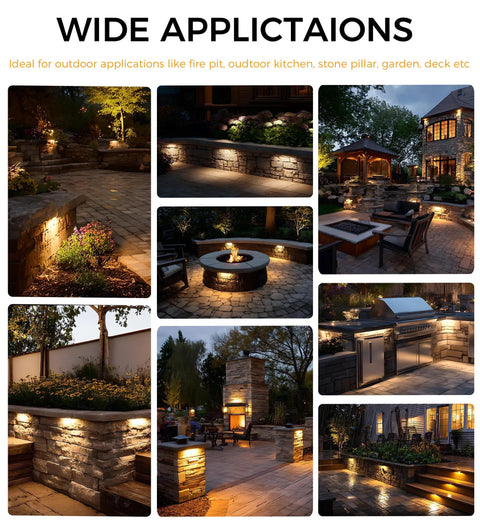 Night view of landscaped outdoor area with 6 Pack 4 Inch Low Voltage Paver Lights For Outdoor Steps And Retaining Walls Easy Cuttable Design 12V 15VAC DC IP65 Waterproof Frost Lens 3W 2700K Soft White.