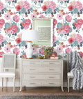 Room with White Watercolor Peony Peel And Stick Wallpaper For Nursery And Bedroom Removable Vinyl Contact Paper Pink And Green Floral