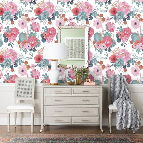 Room with White Watercolor Peony Peel And Stick Wallpaper For Nursery And Bedroom Removable Vinyl Contact Paper Pink And Green Floral