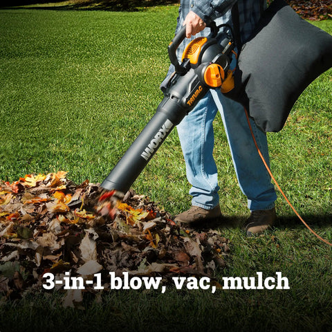 3 In 1 Leaf Blower Vacuum Mulcher With Metal Impeller For Quick Yard Cleanup 600 CFM Airflow And 16 To 1 Mulch Ratio WG512 in use