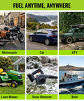 Image showcasing various vehicles fueled, including motorcycle, car, ATV, lawn mower, snow remover, and boat.