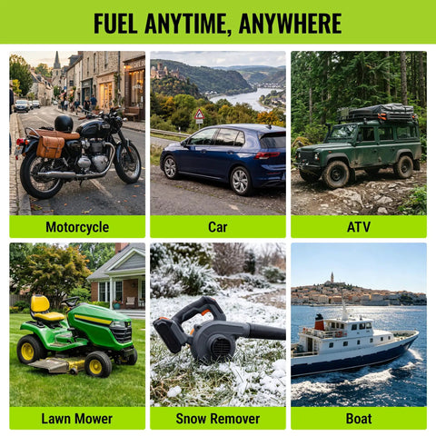 Image showcasing various vehicles fueled, including motorcycle, car, ATV, lawn mower, snow remover, and boat.