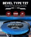 Heavy Duty Zirconia Flap Discs 40 Grit 4.5 Angle Grinder Wheels Type 27 close-up showing size and bevel design features.