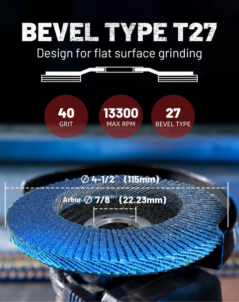 Heavy Duty Zirconia Flap Discs 40 Grit 4.5 Angle Grinder Wheels Type 27 close-up showing size and bevel design features.