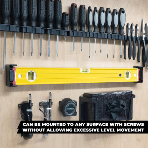 Universal Level Holder 2 Pack Locking Level Mounts fits yellow level on workshop wall with tools
