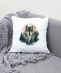 White pillow on gray couch featuring wolf illustration amidst forest design for Four Hunting Animals Iron On Transfers Pack.