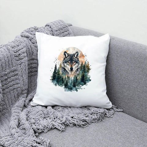 White pillow on gray couch featuring wolf illustration amidst forest design for Four Hunting Animals Iron On Transfers Pack.