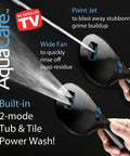 Aquacare shower heads demonstrating point jet and wide fan spray modes against black background