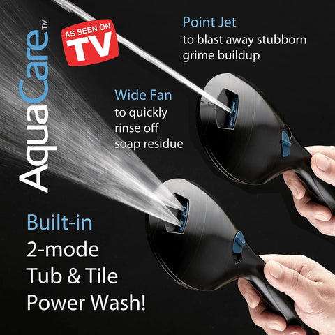 Aquacare shower heads demonstrating point jet and wide fan spray modes against black background