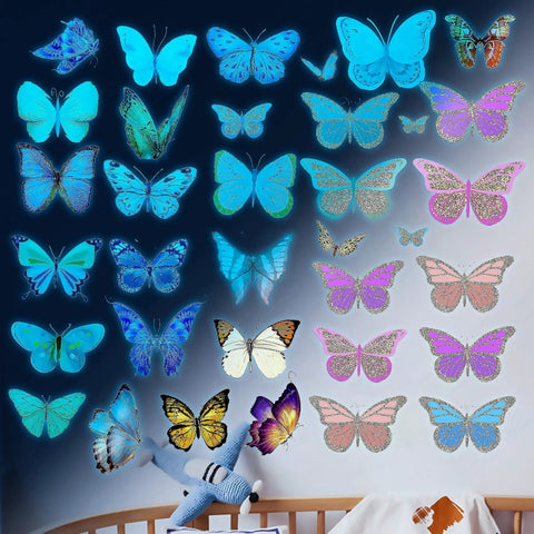 Luminous Butterfly Wall Stickers Set With 58 Pcs Phosphorescent Colorful Wall Art For Kids Room Girls Bedroom And Bathroom Decor DIY Craft Projects Ideas For Easy DIY Fun showing glowing butterflies over a crib.