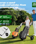 2 Wheel Golf Push Cart That Grows With You Adjustable Upper Bracket And Height Fits All Bag Sizes From Kid To Adult Teen Friendly Ergonomic Pull Cart For Ages 3 To Adult Lightweight Easy Fold on golf course with adult and child