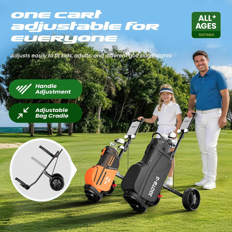 2 Wheel Golf Push Cart That Grows With You Adjustable Upper Bracket And Height Fits All Bag Sizes From Kid To Adult Teen Friendly Ergonomic Pull Cart For Ages 3 To Adult Lightweight Easy Fold on golf course with adult and child
