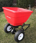 Tow Behind 150Lb Broadcast Spreader For Fertilizer And Seed With Easy Flow Control Adjustable Settings Non Skid Tires