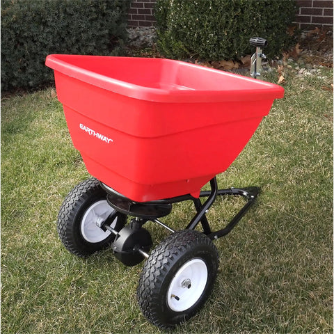 Tow Behind 150Lb Broadcast Spreader For Fertilizer And Seed With Easy Flow Control Adjustable Settings Non Skid Tires