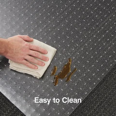 Clear Office Chair Mat With Lip For Carpeted Floors 48 By 36 Inches Extended Under Desk Coverage showing easy cleaning with a cloth