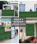 Collage of 12 Pack 10x10 Inch Faux Boxwood Wall Panels For Indoor Outdoor Privacy Fencing Ivy Backdrop Garden Decor UV Resistant Four Layer Leaves Two Inch Height Covers About Eight Point Four Sq Ft, used around swimming pool, balcony, shop, and leisure area.