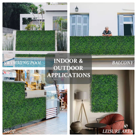 Collage of 12 Pack 10x10 Inch Faux Boxwood Wall Panels For Indoor Outdoor Privacy Fencing Ivy Backdrop Garden Decor UV Resistant Four Layer Leaves Two Inch Height Covers About Eight Point Four Sq Ft, used around swimming pool, balcony, shop, and leisure area.