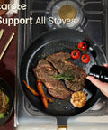 Cooking steak in 11 inch fry pan from Nonstick Ceramic Cookware Set 16-Piece For Home And Camping Includes 9.5 Inch And 11 Inch Fry Pans