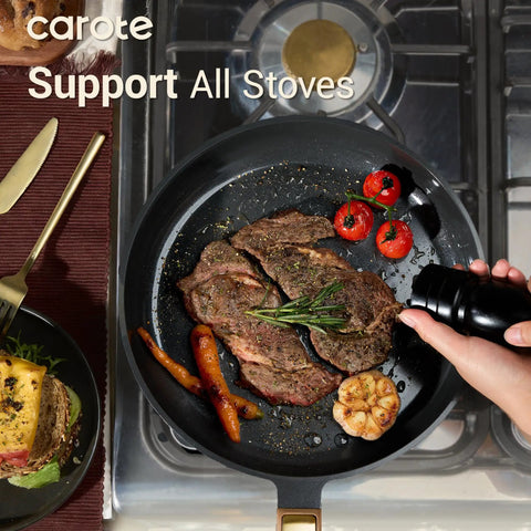 Cooking steak in 11 inch fry pan from Nonstick Ceramic Cookware Set 16-Piece For Home And Camping Includes 9.5 Inch And 11 Inch Fry Pans
