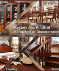 Your Solid Wood Furniture Repair Kit Packed With Twelve Rich Colors Of Tough Touch Up Filler To Easily Hide Scratches And Dings For Quick Laminate And Hardwood Fixes In Zero Time No Sweat, displayed on various wooden furniture.