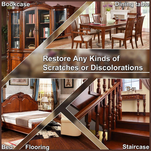 Your Solid Wood Furniture Repair Kit Packed With Twelve Rich Colors Of Tough Touch Up Filler To Easily Hide Scratches And Dings For Quick Laminate And Hardwood Fixes In Zero Time No Sweat, displayed on various wooden furniture.