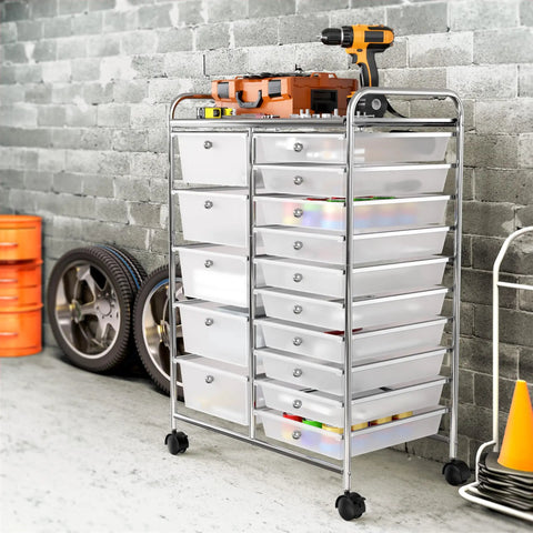 Rolling 15 Drawer Utility Cart For Tools Crafts And Office Beefy Heavy Duty Chrome Storage Organizer On Wheels With Locking Casters