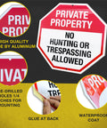 Tough As Nails 6 Pack 12 Inch Rustproof Aluminum Weather Resistant No Hunting Or Trespassing Signs showing mounting holes and waterproof feature.