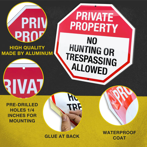 Tough As Nails 6 Pack 12 Inch Rustproof Aluminum Weather Resistant No Hunting Or Trespassing Signs showing mounting holes and waterproof feature.