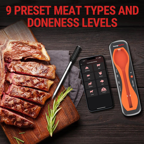 Sliced steak on board with smartphone app and 500 Ft Bluetooth Wireless Meat Thermometer That Is 100 Percent Wire Free Monitor