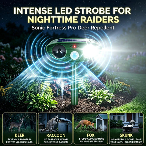 Four Pack Solar Ultrasonic Animal Deterrents For Gardens And Lawns With Motion Activated Led Strobe Light in garden