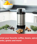 One Touch Coffee And Spice Grinder With Stainless Steel Blades And Bowl Two Thirds Cup Capacity Powerful 150 Watt Motor Quick Even Grinds For Coffee Beans Herbs Grains And Spices Easy Push Button Control, shown on a kitchen counter with herbs and coffee beans.