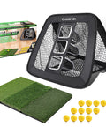 Double Sided Golf Chipping Net with Tri Turf Hitting Mat and 12 Foam Golf Balls, 5 Ply Knotless Net Training System displayed