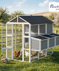 Huge 77 Inch Outdoor Chicken Coop For 6 To 8 Chickens With Run Wooden Hen House Poultry Cage 3 Nesting Boxes Waterproof Roof Removable Tray Ramp For Easy Backyard Farm Use Gray with chickens in a fenced yard.