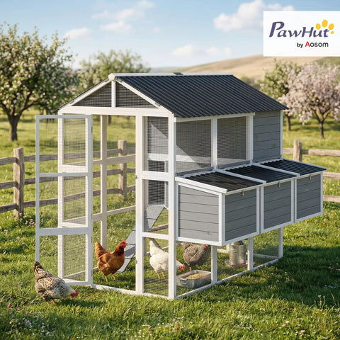 Huge 77 Inch Outdoor Chicken Coop For 6 To 8 Chickens With Run Wooden Hen House Poultry Cage 3 Nesting Boxes Waterproof Roof Removable Tray Ramp For Easy Backyard Farm Use Gray with chickens in a fenced yard.