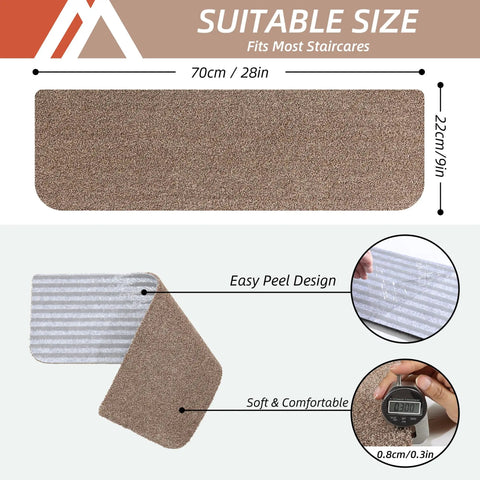 Non Slip Stair Treads Carpet Mats 28 By 9 Inches Indoor Stair Runners For Wooden Steps Teal 10 Pack With 100 Percent Polyester And TPE Backing Safe For Kids And Pets Floor Protection, showing dimensions and texture detail