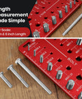 Front view of JoblikeBrez thread checker gauge on a red metal plate with inch and cm scales; assorted bolts nearby.