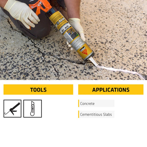 Heavy Duty Gray Polyurethane Self Leveling Crack Sealant used to fill concrete cracks with caulking gun on driveway.