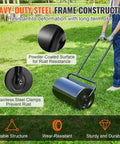 Person using Large Capacity Lawn Roller 13 Gallon Heavy Duty Steel Sand Or Water Filled with ergonomic U-shaped handle in garden.