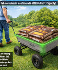 Heavy Duty Garden Cart That Is A Workhorse With 600 Lb Capacity And 4 Cu Ft Bed Front Handle Quick Release Dump Wagon 45 Degree Dump Steel Frame 10 Inch All Terrain Wheels Perfect For Soil Mulch Firewood And Yard Debris loaded with mulch topsoil bags