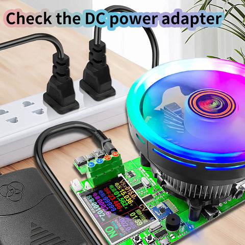 180W DC Electronic Load Tester Workhorse With USB Port, Lithium Battery Capacity Tester, Color LCD Data Monitor, Four Working Modes CC CV CW CR, Real Time Safety Protections For Accurate Discharge Testing connected to power adapter