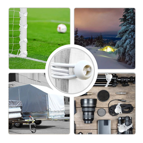 Various uses of 6 Inch Heavy Duty 5mm Ball Bungee Canopy Cords Set 100 Pieces White Durable Elastic Ties for Tents Gazebos