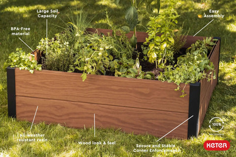 Wood Look Raised Garden Bed 48 Inch By 48 Inch Outdoor Planter For Vegetables Herbs Flowers And Succulents Durable Evotech Composite Material With Easy Five Minute Assembly No Tools Needed Brown, installed in a garden with plants