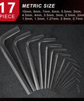 35 Piece Allen Wrench Set With Metric And Standard Hex Keys, Chrome Vanadium Steel, Black Oxide Finish, Durable Heavy Duty Tool Kit For Mechanical, Automotive, And Home Projects, Includes 0.7mm Through 10mm And 0.028 Inch Through Three Eighths Inch Sizes. 17-piece metric hex keys arranged on case